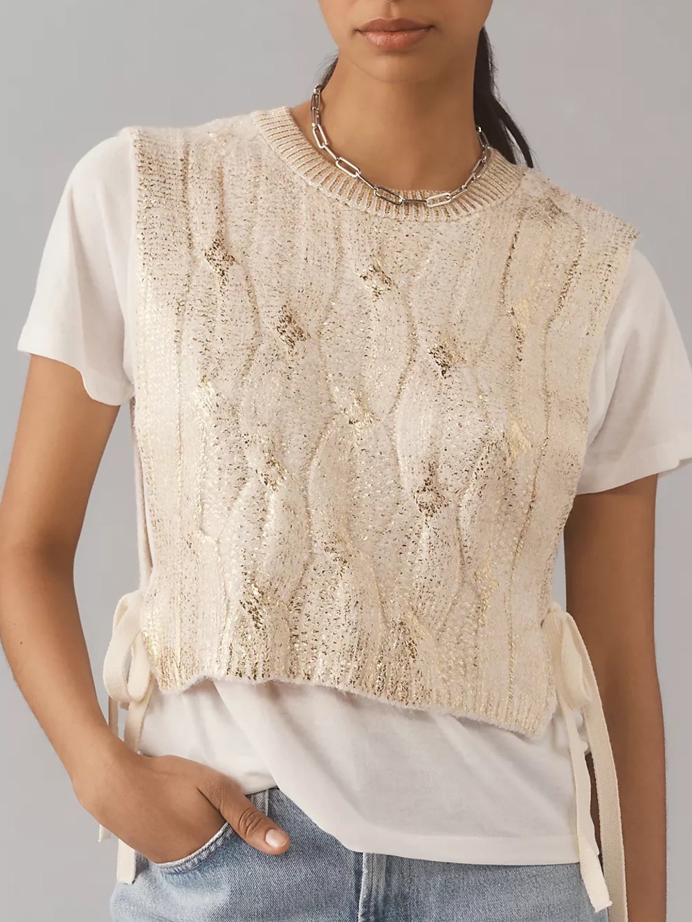 Anthropologie Pilcro Short-Sleeve Cable-Knit Twofer Sweater Tee White Gold S